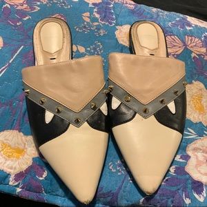 Fendi Cream, Black & Beige Pointed Leather Studded Mules